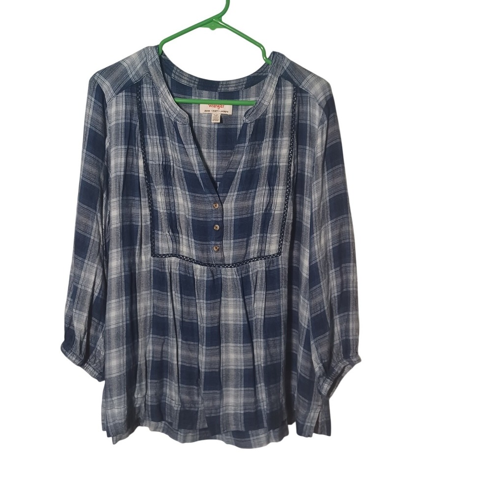 Wrangler Womens Blue White Plaid 3/4 Sleeve Western Babydoll Peasant Top Soft XL